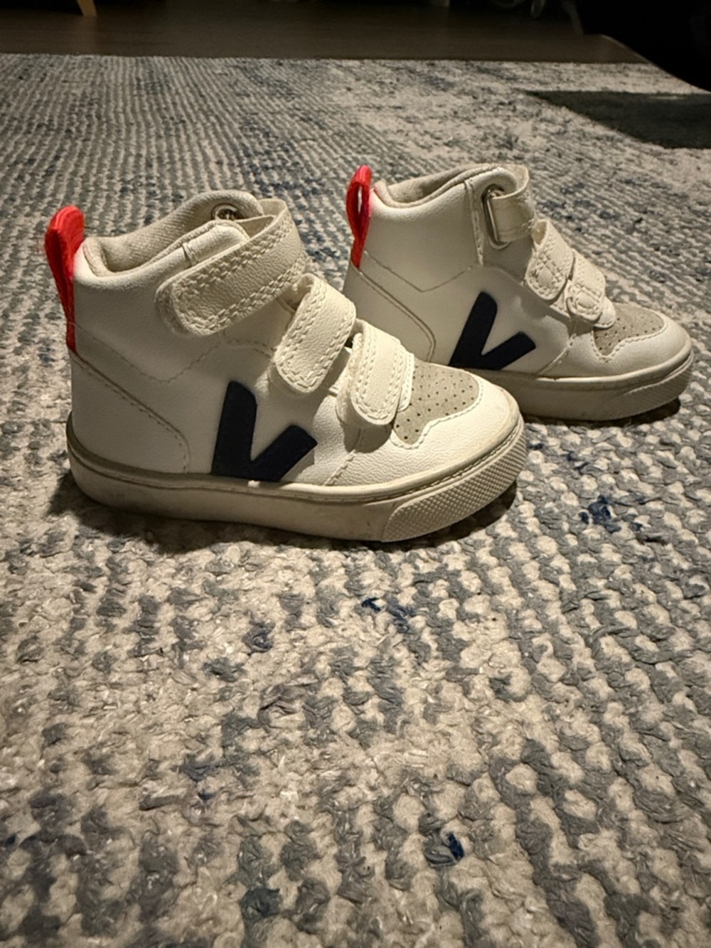 Veja Kids High-Top Sneakers in White with Navy V and Orange Heel Tab